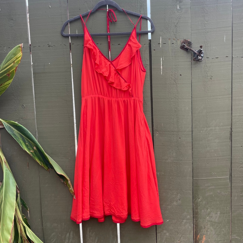 Anthropologie Girls from Savoy Silk Dress Sz 6 Red Ruffle Contrast Trim  A-Line
